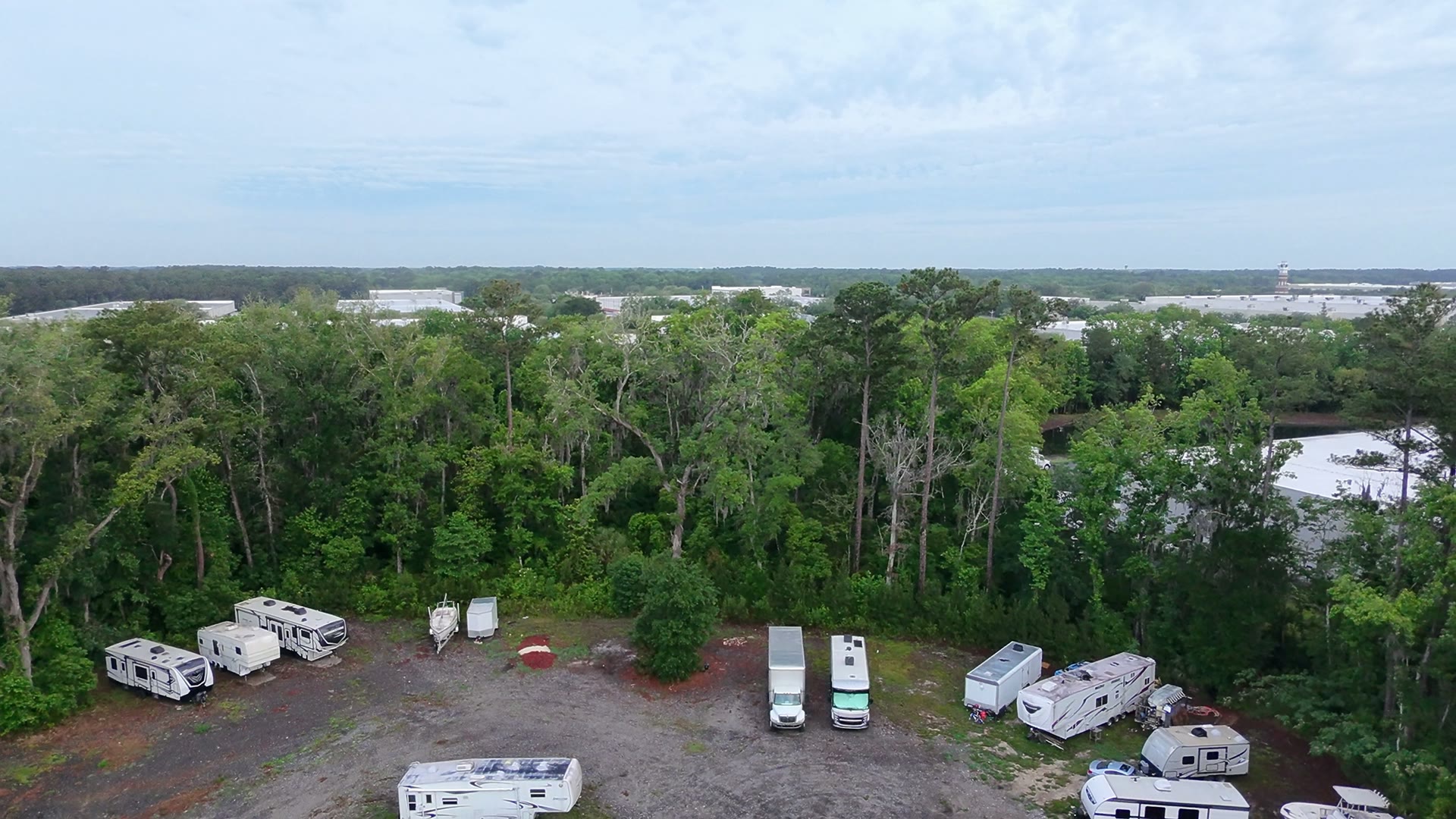 Aerial view of RVs parked at Duval Storage in Northside Jacksonville