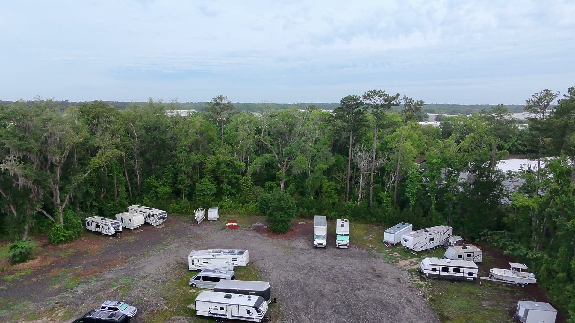 Overhead view of RV, truck, boat, and trailer storage spaces at Duval Storage on Duval Road